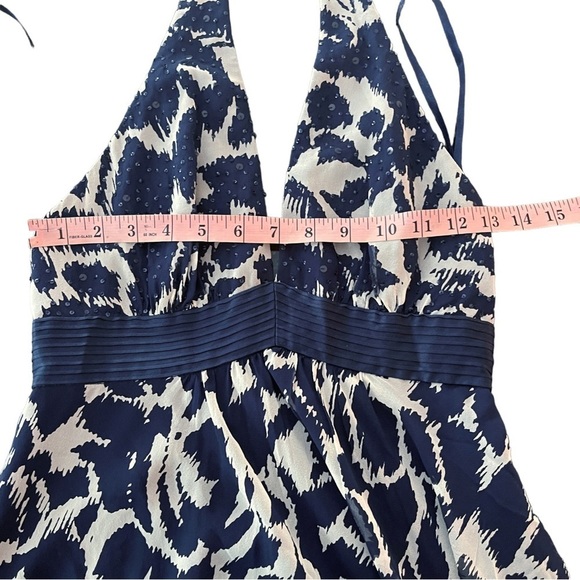 BCBGMaxazia Midnight Blue & Cream Abstract Print Full Length Silk Halter Dress - Picture 7 of 12